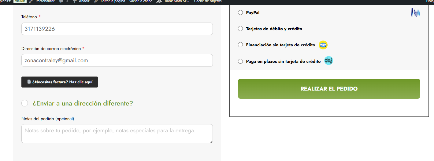 Formulario para solicitar factura en el checkout